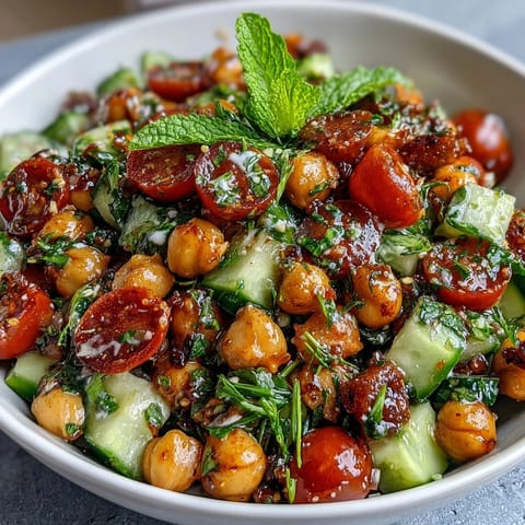 Healthy Easy Cucumber Chickpea Salad with Lemon Vinaigrette, a vibrant, protein-rich bowl of crisp cucumbers, chickpeas, and juicy tomatoes, drizzled with a bright, tangy lemon dressing.