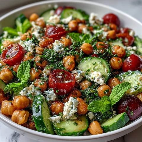 A refreshing Mediterranean-inspired salad featuring crunchy cucumbers, hearty chickpeas, and fresh herbs, all tossed in a zesty homemade lemon vinaigrette for a light, satisfying meal.