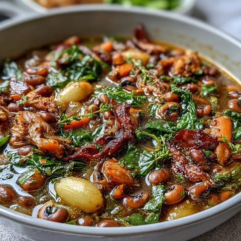 A steaming bowl of Soul Food Black-Eyed Pea and Collard Green Stew, rich with smoky flavors and tender greens, served with warm cornbread.