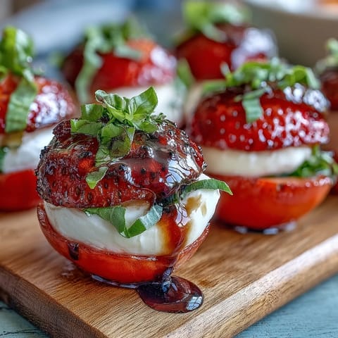 Vibrant strawberry caprese skewers with creamy mozzarella and fresh basil, drizzled with sweet balsamic glaze, perfect for summer parties.