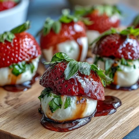 Colorful strawberry and mozzarella skewers with fragrant basil leaves, finished with a tangy balsamic reduction, ideal for light appetizers.
