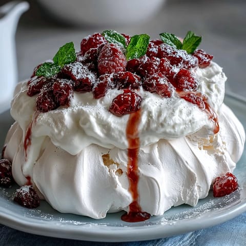 A golden pavlova nest topped with whipped cream and vibrant mixed berries for a Mothers Day treat.