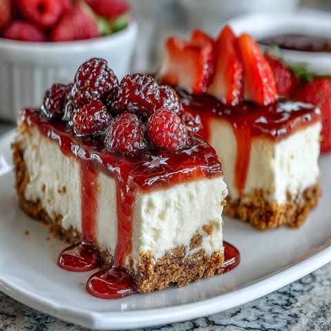 Festive Fourth of July No-Bake Cheesecake Flag Cake with fresh berries arranged in patriotic stripes.