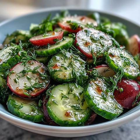 Fresh cucumber radish salad with dill vinaigrette, a crisp and vibrant spring side dish perfect for picnics or light meals.  