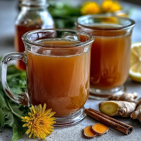 Warm cup of dandelion root tea with ginger and turmeric, served with a slice of lemon and a drizzle of honey for a soothing, anti-inflammatory drink.