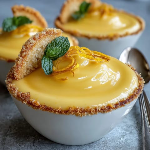 Elegant lemon mousse cups with buttery shortbread cookies, garnished with fresh berries and mint for a bright spring dessert.  