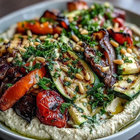 A vibrant, healthy platter of grilled zucchini, bell peppers, and eggplant served with smooth, homemade hummus and a sprinkle of fresh parsley.  