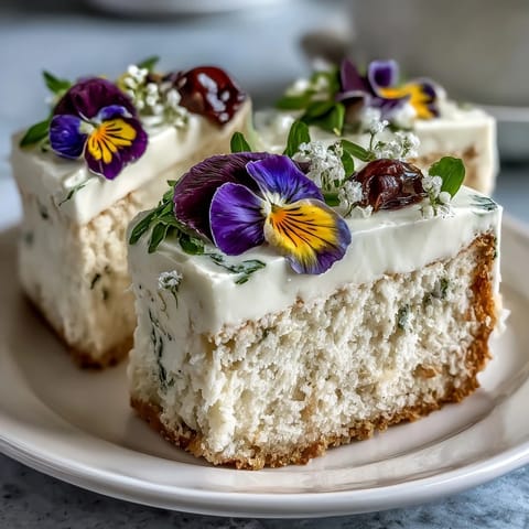 Spring Cake with Pressed Edible Flowers and Lemon Curd, a light lemon sponge layered with tangy curd and adorned with delicate edible blooms.