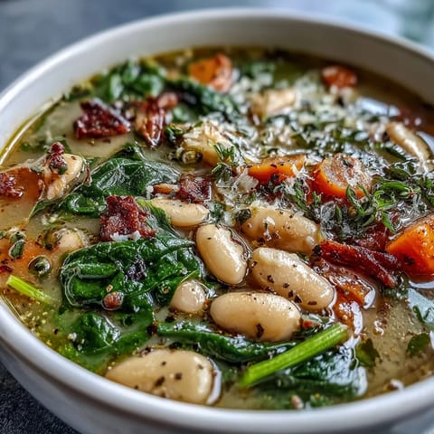 Creamy Tuscan White Bean and Spinach Soup in a white bowl, garnished with fresh basil and Parmesan cheese.