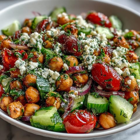 Cold chickpea salad with lemon herbs, a refreshing vegan dish packed with crisp veggies and zesty Mediterranean flavors.