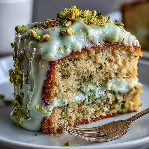A vibrant Spring Birthday Lemon Pistachio Layered Cake adorned with vibrant green pistachios.