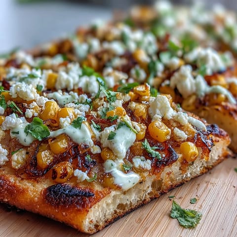 Cinco de Mayo Street Corn Flatbread photo shows charred corn, cotija, cilantro, and crema.