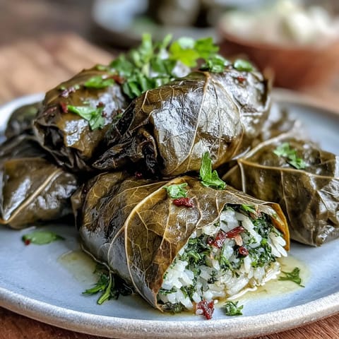 Tender Kurdish Dolma, glistening plumply, artfully arranged in a serving dish.