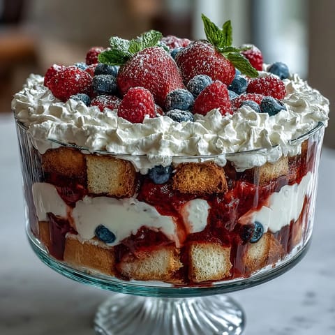 Festive Red White Blue Berry Trifle with whipped cream peaks and jewel-toned fruit.
