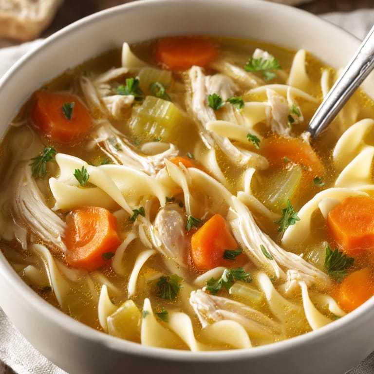 Ladle of classic Chicken Noodle Soup served in a rustic bowl with steam rising, carrots and celery visible, perfect for a cozy meal.