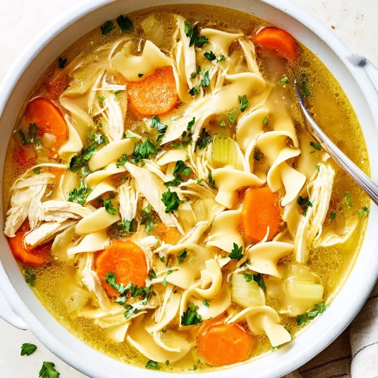 Chicken Noodle Soup in a white ceramic bowl, featuring chunky vegetables and egg noodles, topped with fresh parsley and a side of crusty bread.