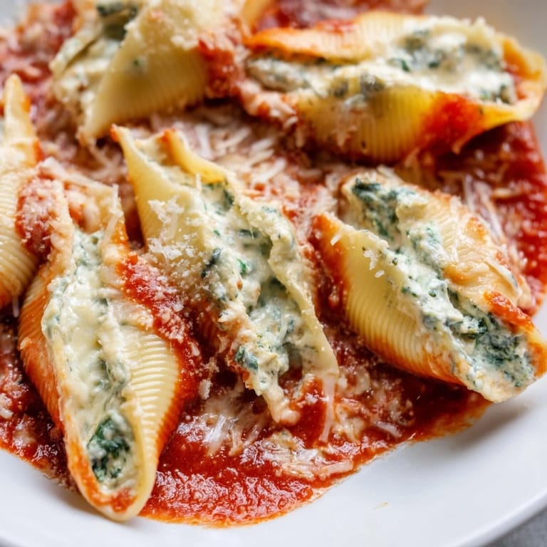 Hearty Italian Stuffed Shells served on a rustic plate next to a glass of red wine.