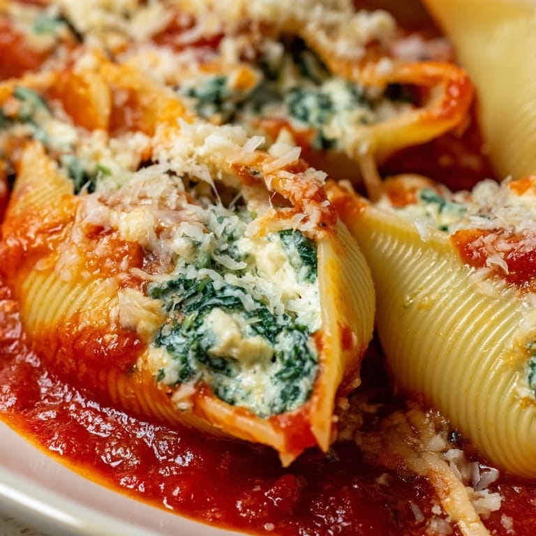 Jumbo Stuffed Shells filled with creamy ricotta and spinach bubbling with rich tomato sauce.