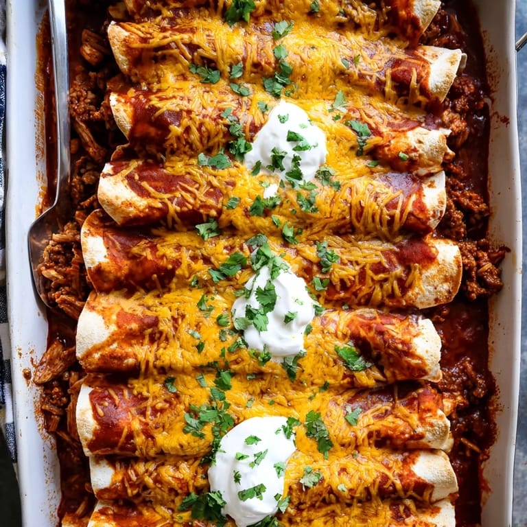Close-up of Beef Enchiladas with tender tortillas, seasoned beef filling, and melted cheddar cheese topped with fresh cilantro.