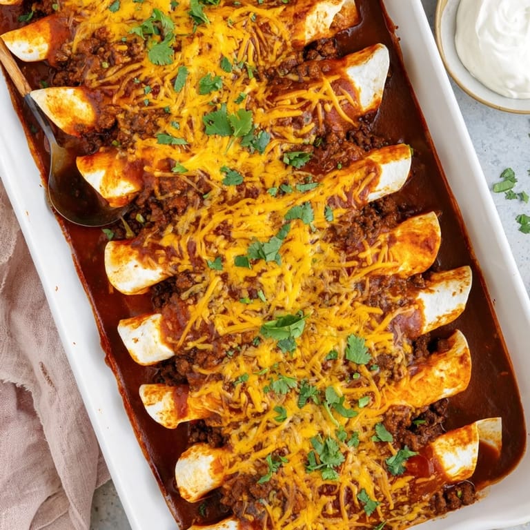 Golden bubbly Beef Enchiladas in a baking dish, ready to serve with fresh cilantro and a dollop of sour cream.