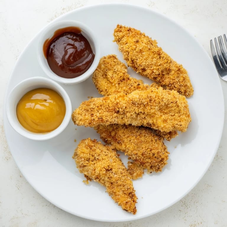 Savory Chicken Tenders served on a plate with french fries and creamy honey-mustard.
