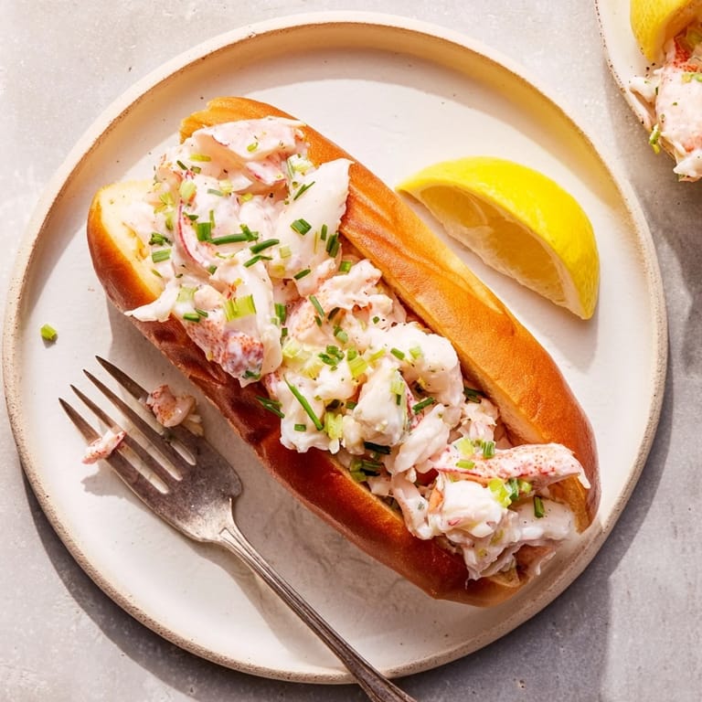 Buttery toasted New England Lobster Roll buns filled with chilled lobster salad, garnished with fresh parsley on a plate.