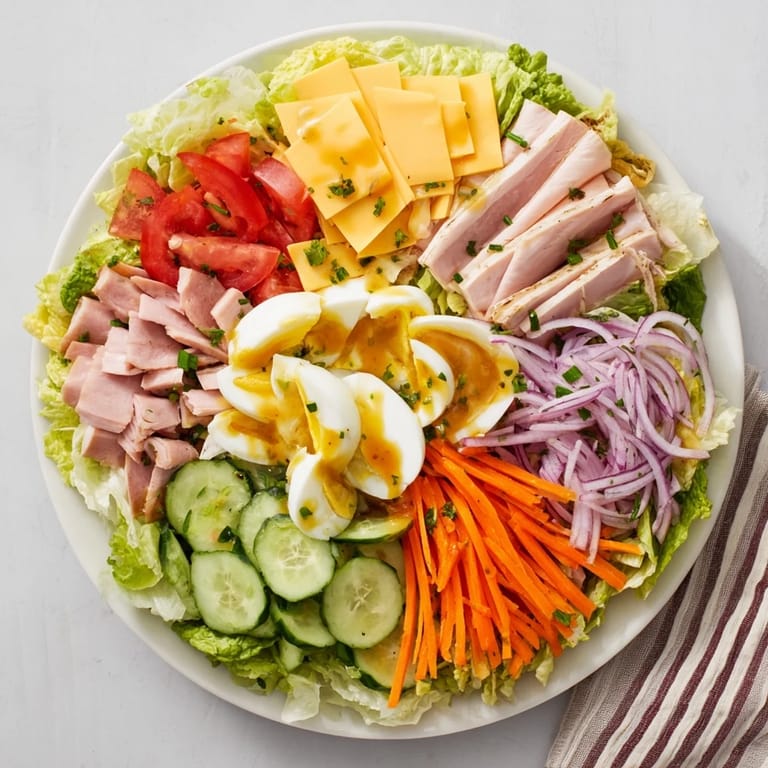 Close-up of a fresh Chef Salad bowl showcasing colorful ingredients: chopped lettuces, juicy tomato wedges, crunchy cucumbers, julienned carrots, savory deli meats, cheese, and eggs with a drizzle of zesty dressing.