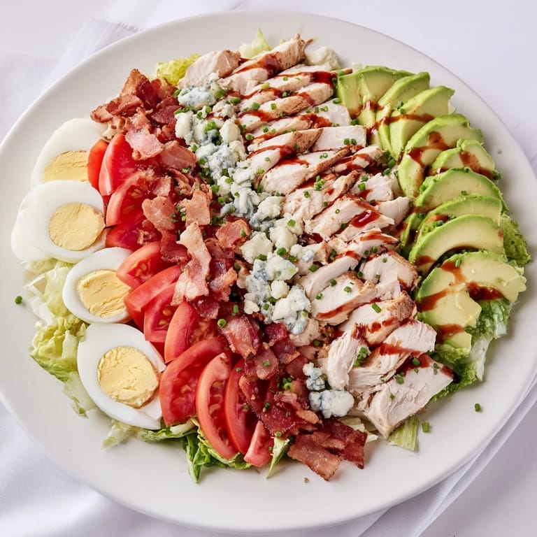 Classic Cobb Salad presented with hard-boiled eggs, tomatoes, and blue cheese crumbles, dressed for serving.