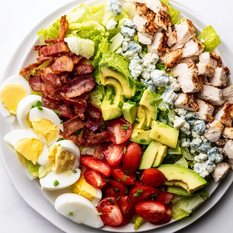 Vibrant American Cobb Salad with colorful ingredients and a side of tangy vinaigrette dressing.