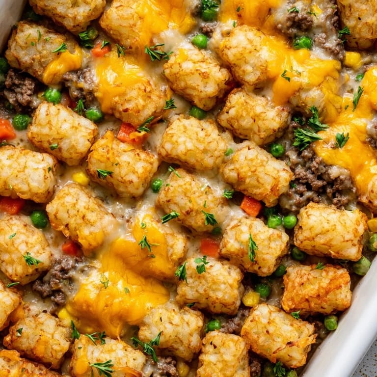 A close-up of cheesy Tater Tot Casserole with golden tots and fresh parsley garnish on a rustic table.