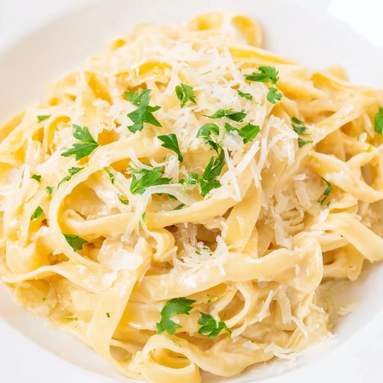 Freshly grated Parmesan and chopped parsley garnish this easy weeknight Fettuccine Alfredo.