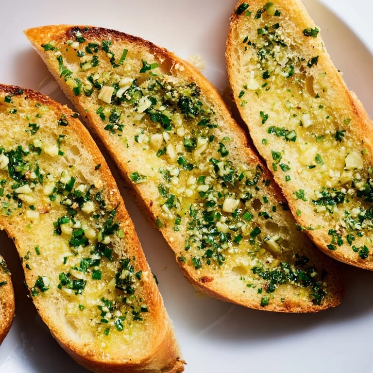Golden Garlic Bread brushed with herb butter and garlic, highlighting crunchy edges and a soft, fluffy center.