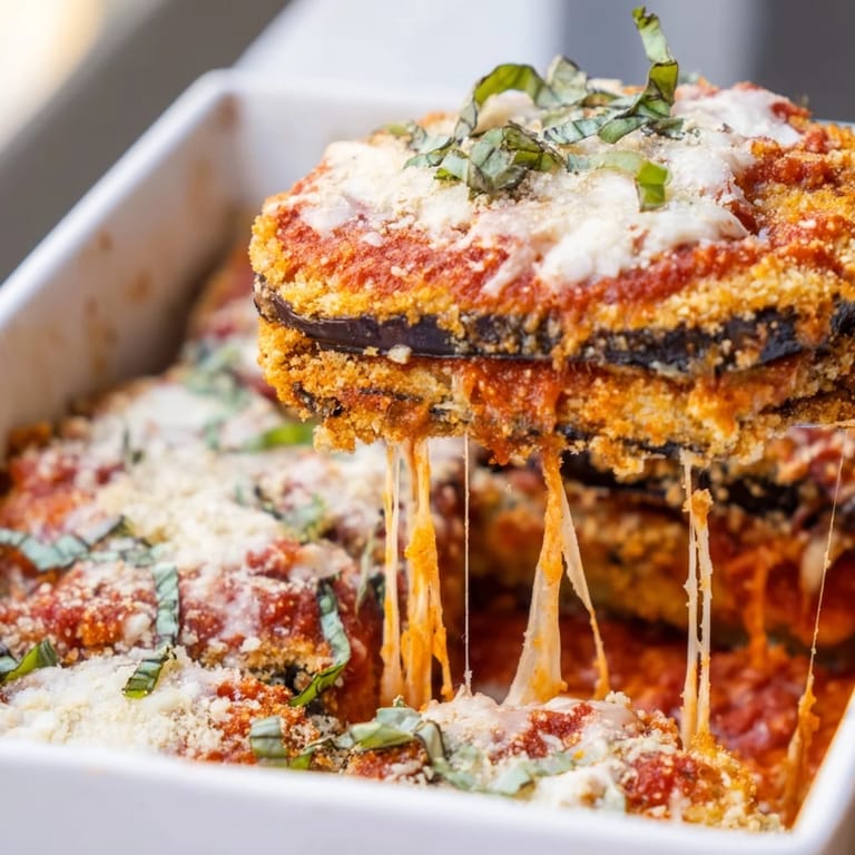 Serving of homemade Eggplant Parmesan with melted cheese and basil, paired with a crisp side salad.