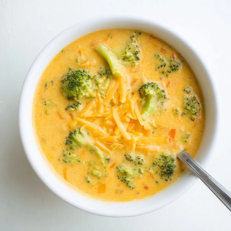 Warm Broccoli Cheese Soup served from a pot, garnished with extra cheese and black pepper.