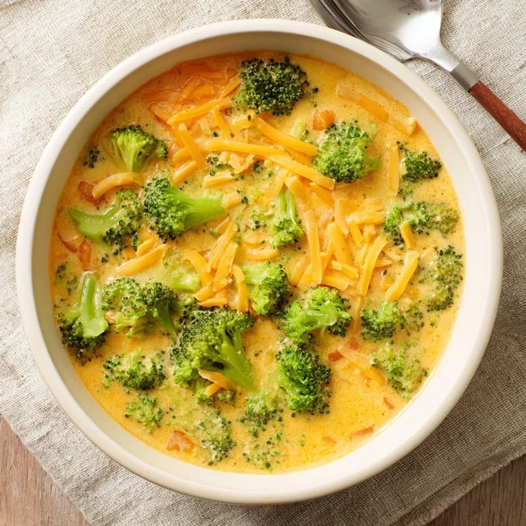 Steaming bowl of homemade Broccoli Cheese Soup with tender broccoli florets and melted cheddar.