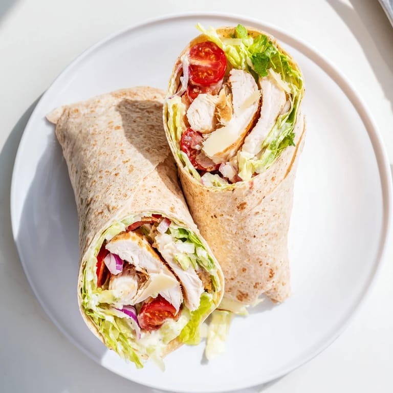 Plated Chicken Caesar Wrap served with extra Parmesan and lemon wedges, ready for a quick and tasty lunch.
