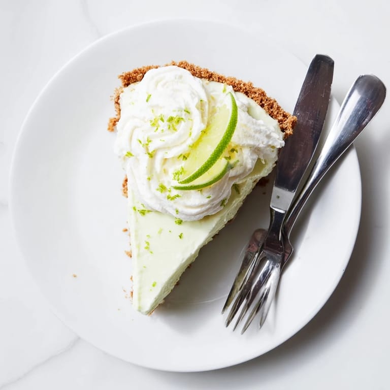 Chilled Key Lime Pie slice showing smooth lime custard, garnished with lime zest and served on a dessert plate.