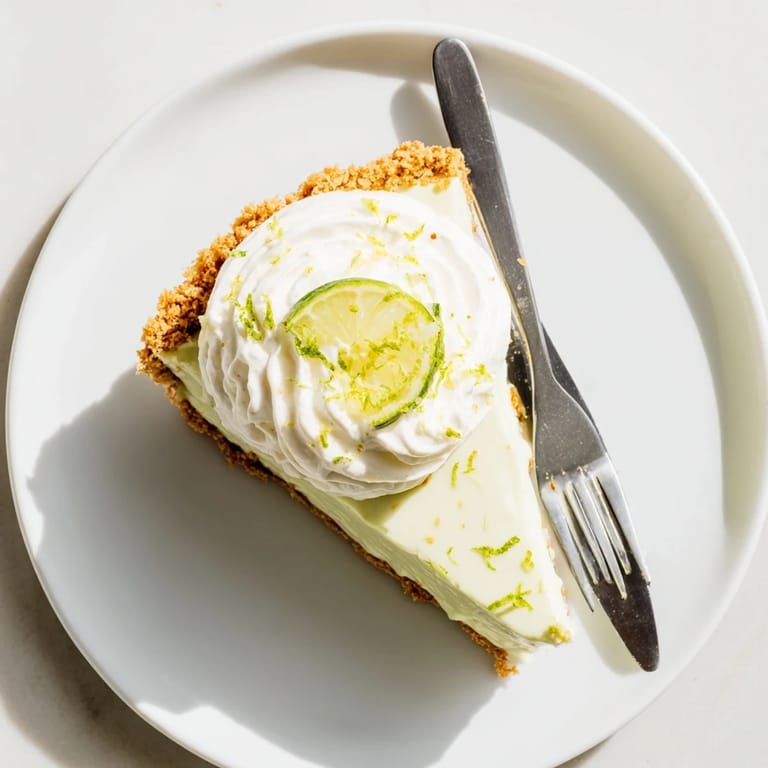 Homemade Key Lime Pie with tangy key lime filling, crisp crust, and whipped cream swirls, ready to serve.