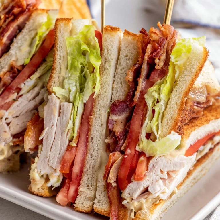 A stacked Turkey Club Sandwich on toasted bread with crunchy bacon and fresh vegetables, served on a wooden cutting board.