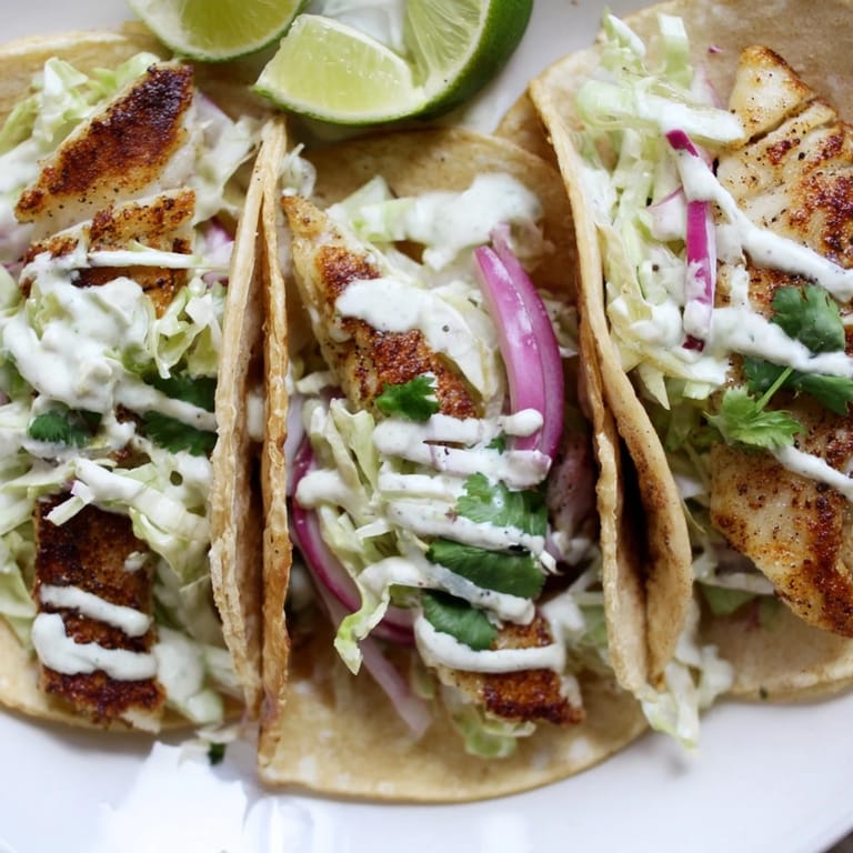 Close-up of freshly assembled Fish Tacos with crispy fish strips, lime wedges, and cilantro, set on a rustic plate for a coastal meal.