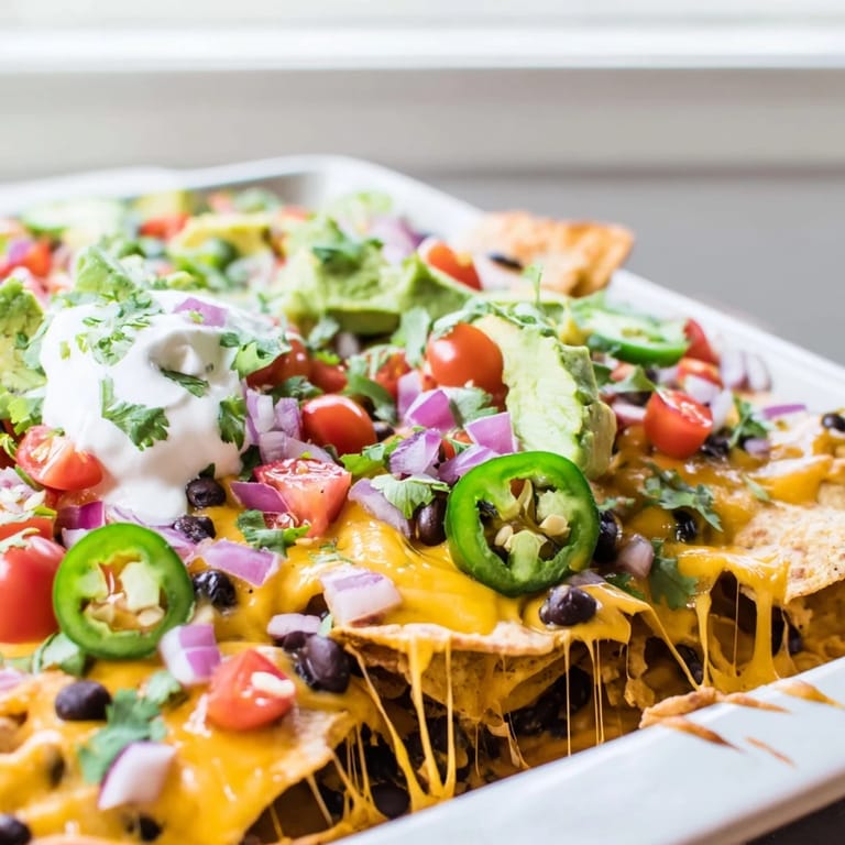 Crispy tortilla chips layered with cheddar and Monterey Jack cheese for a classic appetizer.