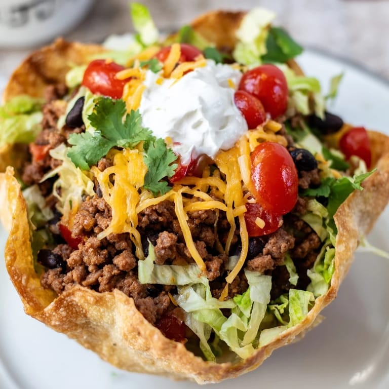 Freshly prepared Taco Salad topped with creamy sour cream, salsa, and shredded cheddar cheese.