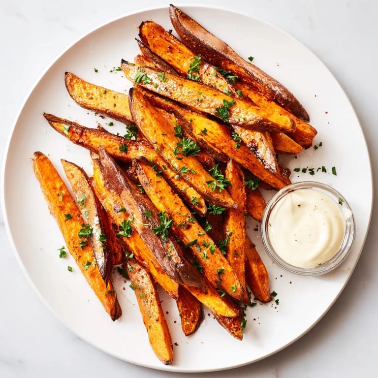Close-up view of perfectly seasoned Sweet Potato Fries showing vibrant orange color and crunchy texture.