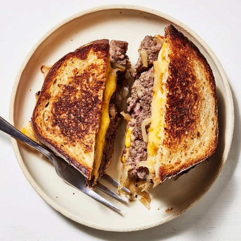 Two halves of a diner-style Patty Melt on a plate, featuring caramelized onions.