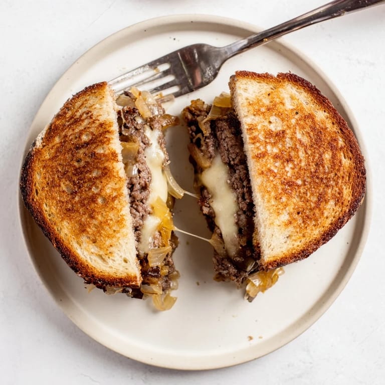 A classic Patty Melt sliced in half, showing melted Swiss cheese and a beef patty.