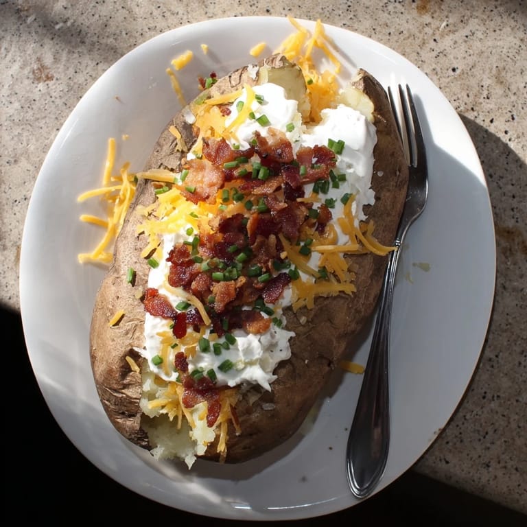 Loaded Baked Potato, served hot and fluffy, topped with rich butter and a sprinkle of black pepper.