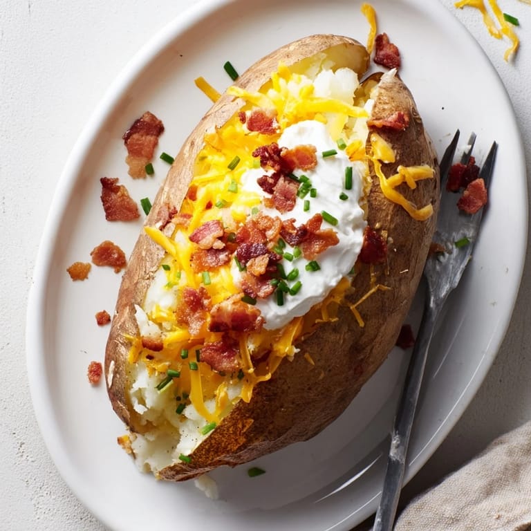 A classic Loaded Baked Potato recipe, fully loaded with cheesy, bacon-filled toppings and ready to serve for dinner.