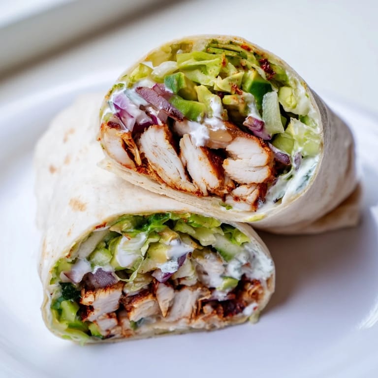 A close-up of Smoky Chipotle Chicken Wrap halves revealing juicy chicken, avocado, and vibrant fillings.
