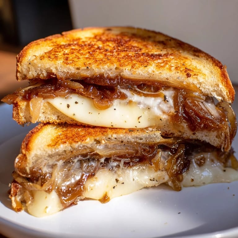 Buttery toasted Caramelized Onion Grilled Cheese with jammy onions and sharp white cheddar, served hot beside a bowl of tomato soup.