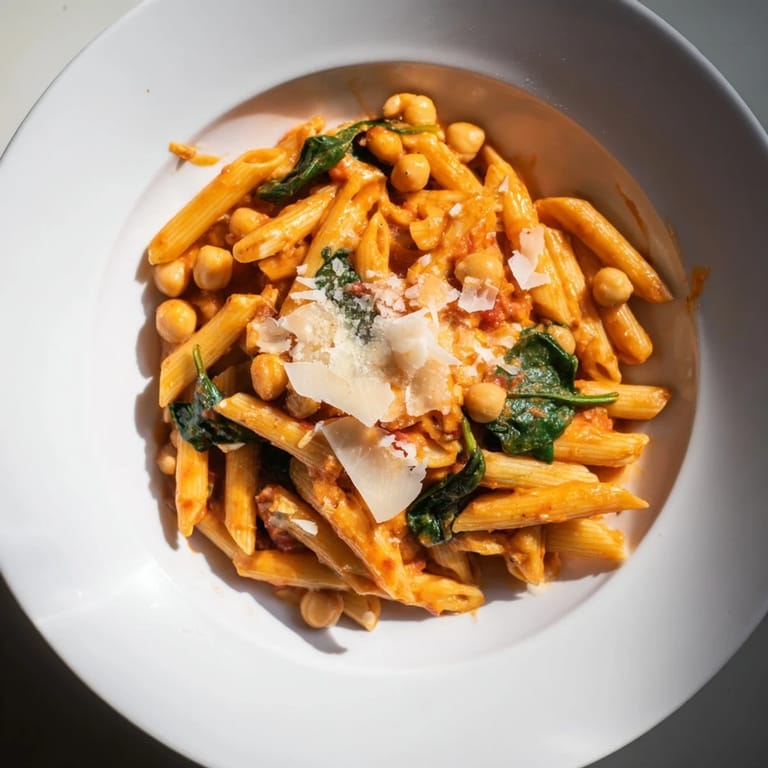 A skillet of Creamy Tuscan Chickpea Pasta features vibrant spinach and a rich, garlicky tomato cream sauce.